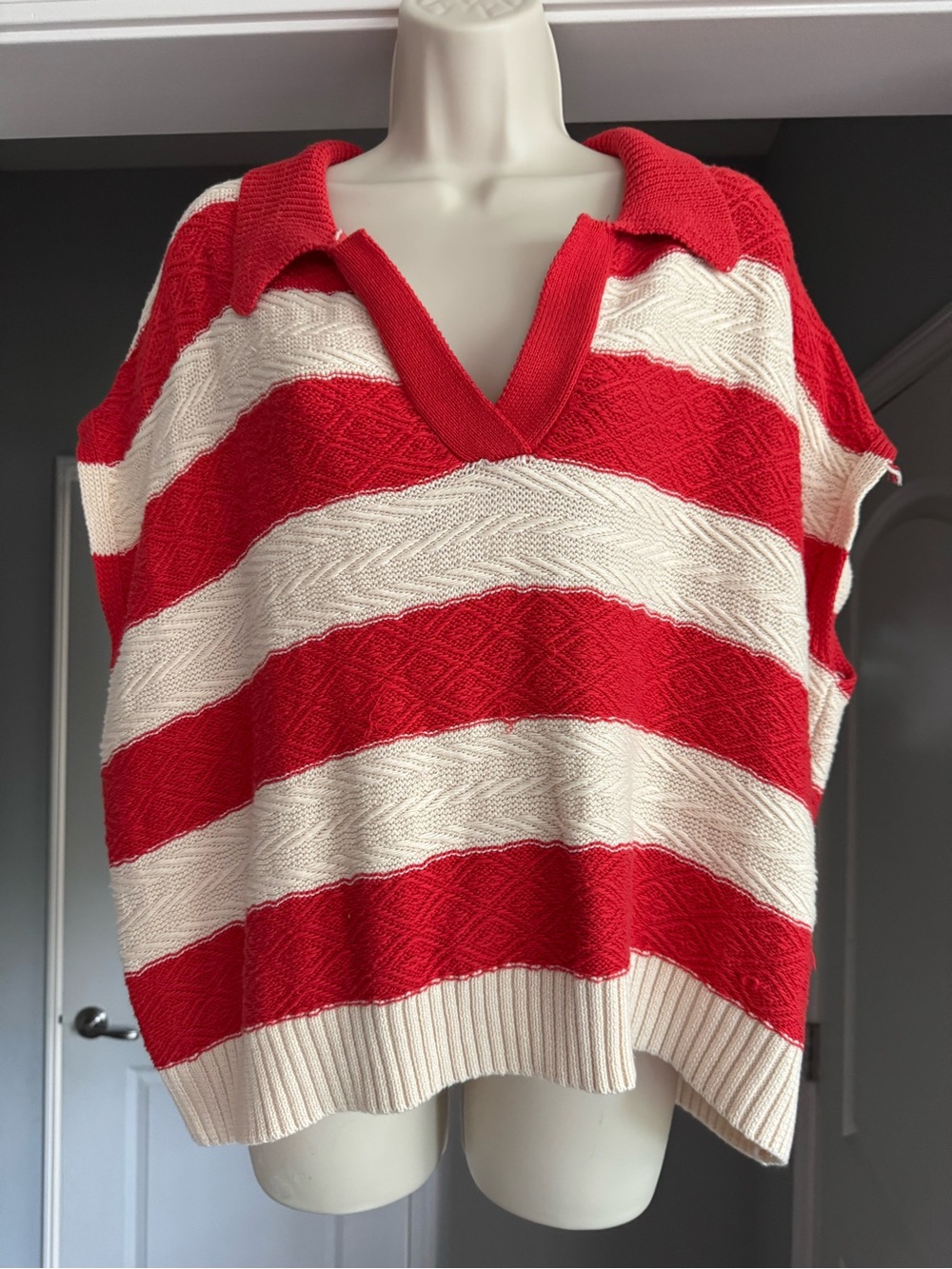 JODIFL Red Ivory Cloudy Knit Stripe Collared Polo Sweater Top Large boho preppy